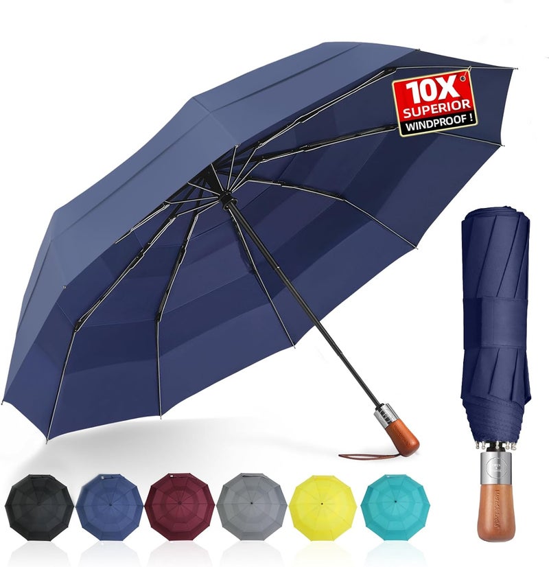 MasterUmbrella 3-Layer Vented Canopy Windproof Commuter Umbrella for Rain, Auto Open/Close, 10 Fiberglass Ribs, Wooden Handle, 13" Folded, 47" Large Coverage for 1–2 People, Lifetime Replacement - Image 1